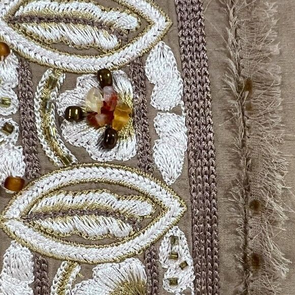 Roberto Cavalli Place Tan Floral Beaned Embroidered Shirt w/ Mandarin Collar 12 - Picture 3 of 16